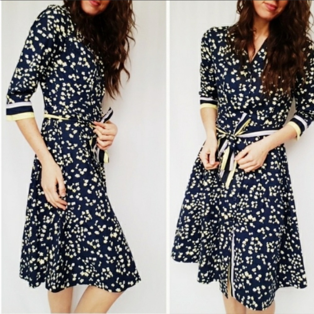 Boden Riviera Button Front Belted Shirt Dress Navy Blue Floral Size 10L - Picture 1 of 9